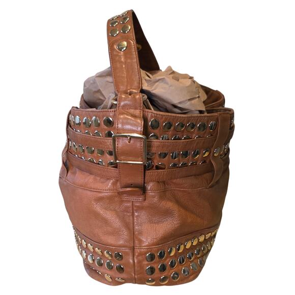 Vtg. Rebecca Minkoff Brown Studded Leather Shoulder Hobo Weekender Tote Bag - Picture 4 of 12